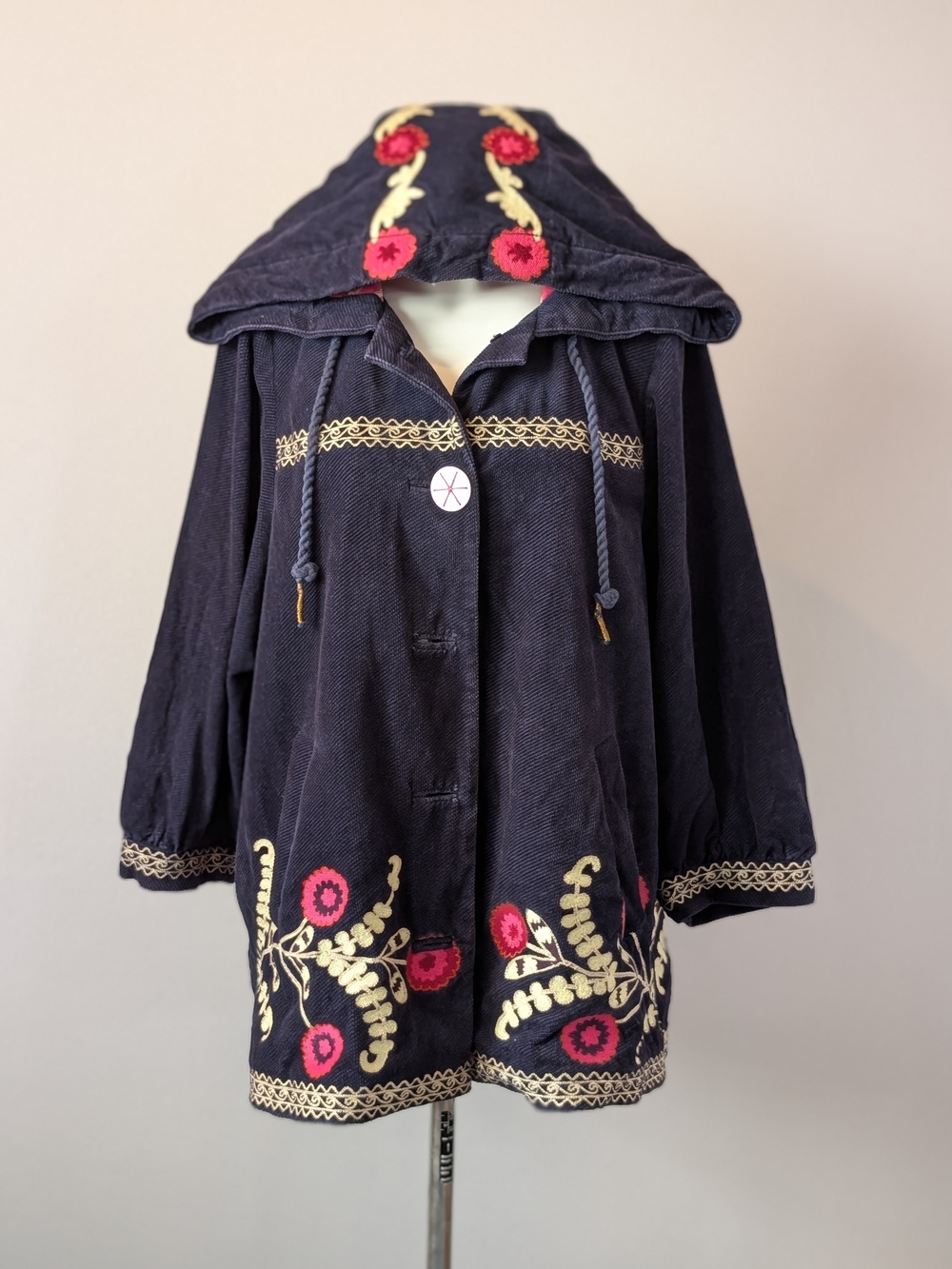 elevenses Navy Hooded Pea Coat with Pink and Cream Embroidery